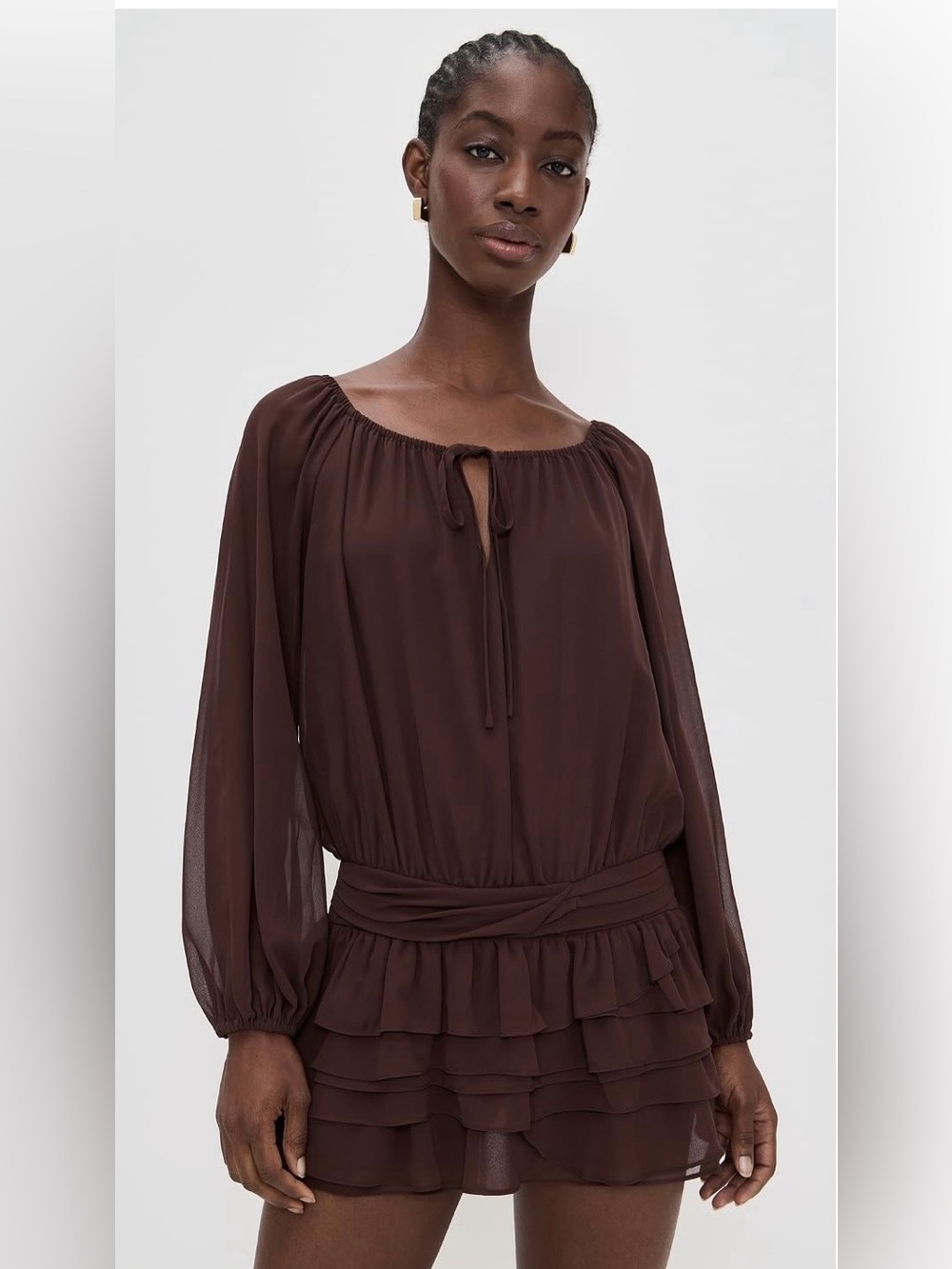 Amanda Uprichard Brown Long-Sleeve Ruffled Mini Dress